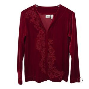 Chico's Size M Red Velvet Embroidered Jacket Heritage Scroll Rave Velour‎ NWT